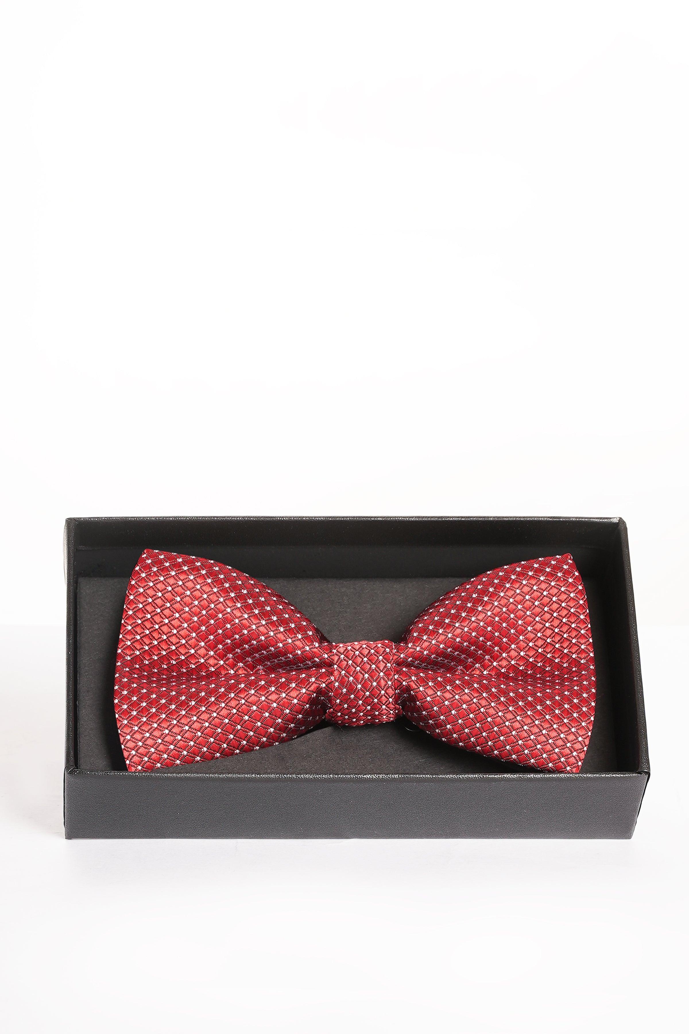 Red patterned bow tie in a gift box