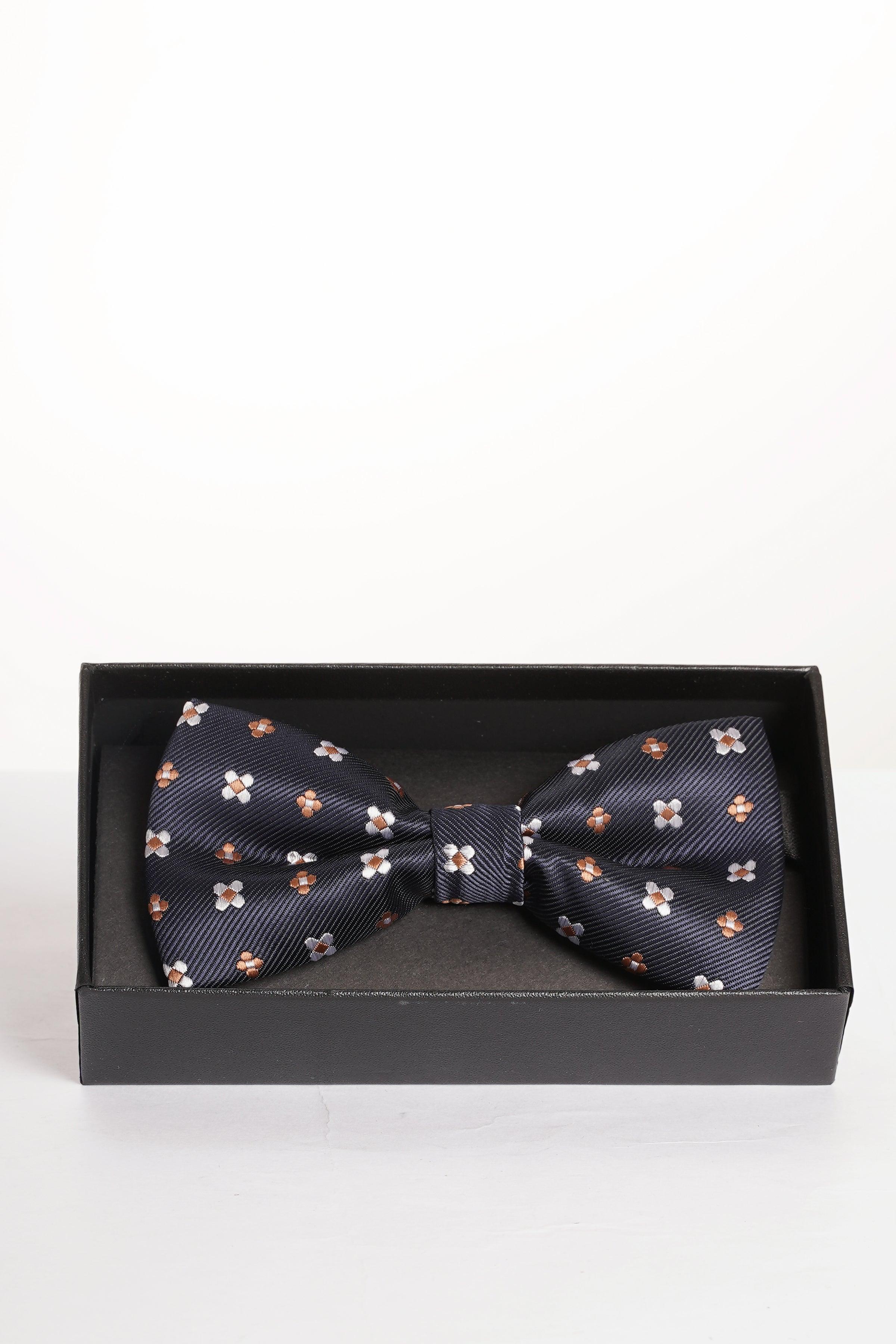 Bow tie, dark navy with small pink floral pattern, in gift box