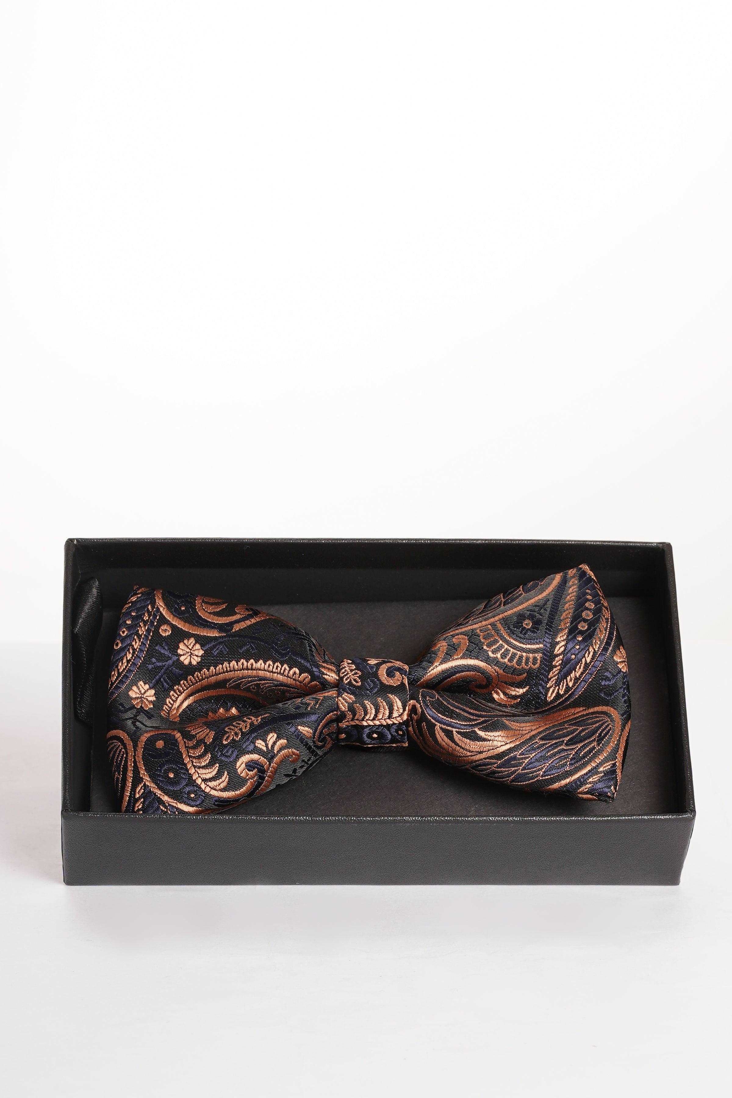 Paisley patterned bow tie with dark blue, rust, and gold accents
