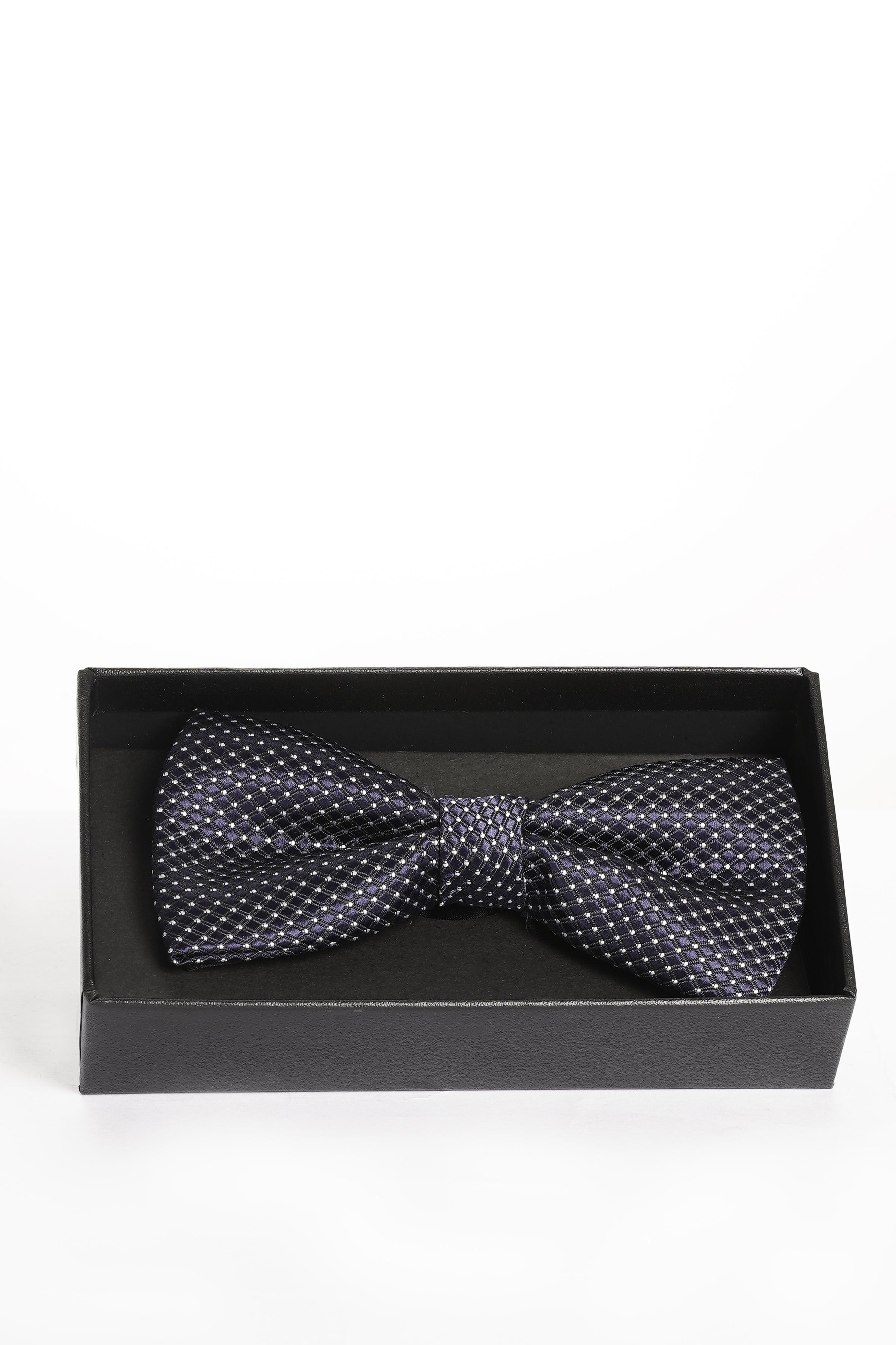Dark navy bow tie with white dotted pattern, in gift box
