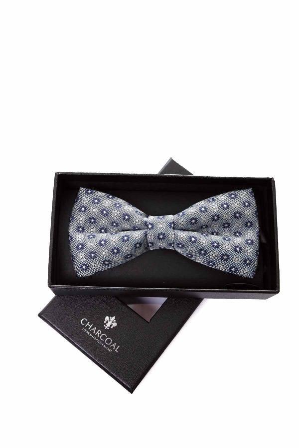 Blue bow tie with gray diamond pattern and adjustable clasp