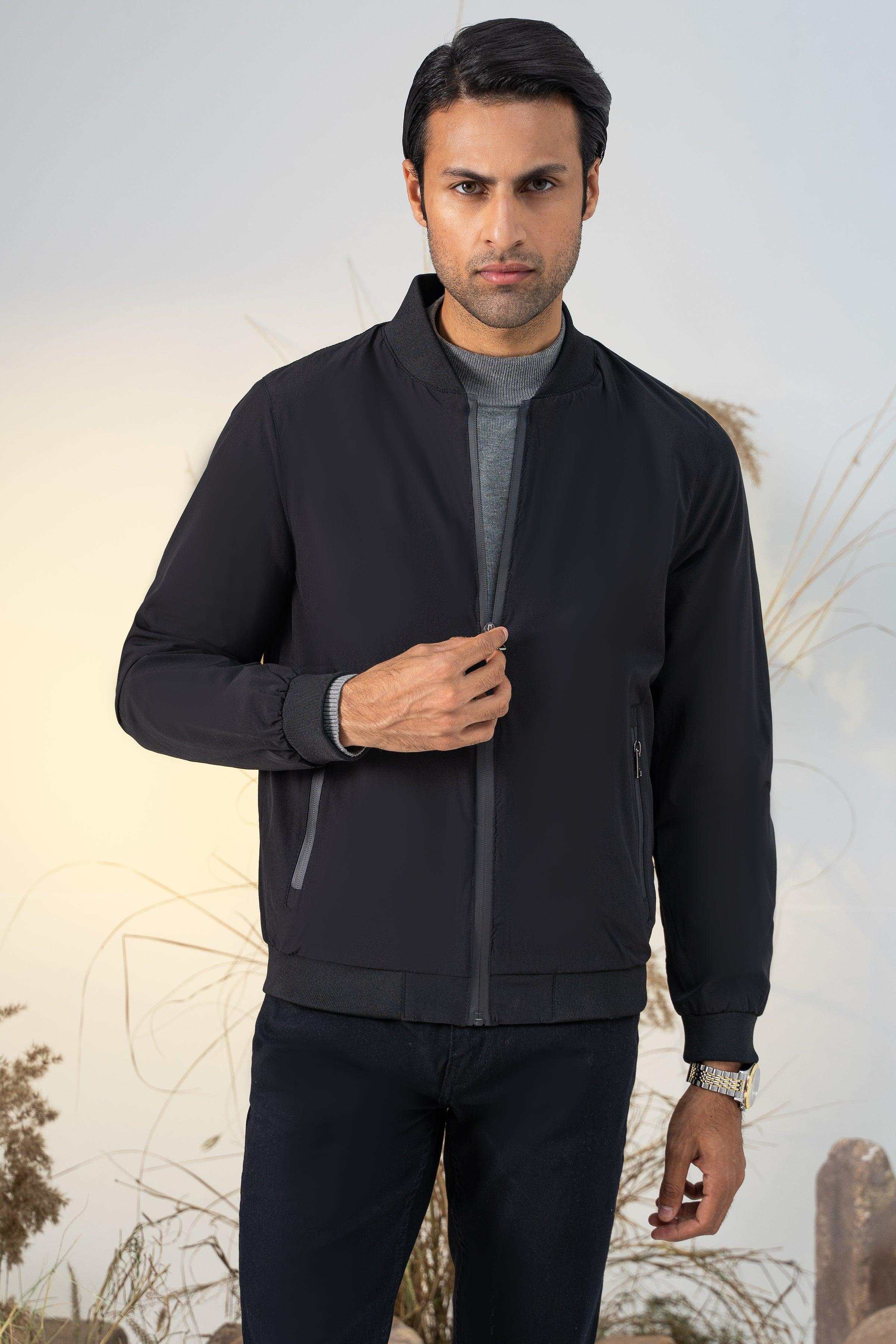 Black windbreaker jacket with full zip front and two zip pockets