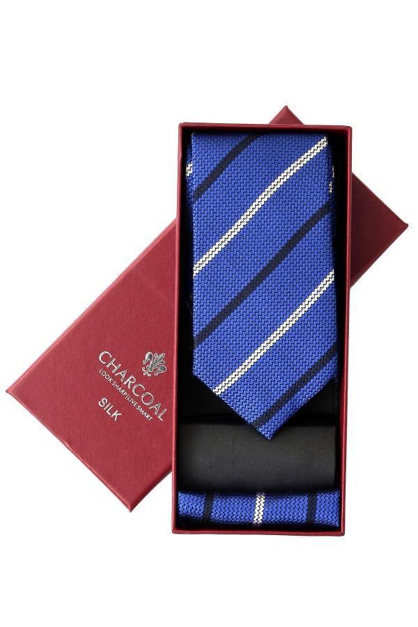 Silk tie set in dark blue with white diagonal stripes, in gift box
