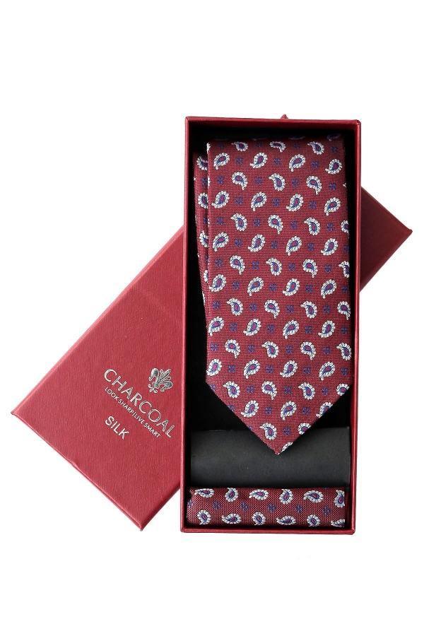 Silk tie set in gift box, dark red paisley necktie with matching box insert