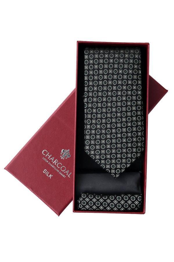 Silk tie set gift box with black patterned silk tie and folded pocket square