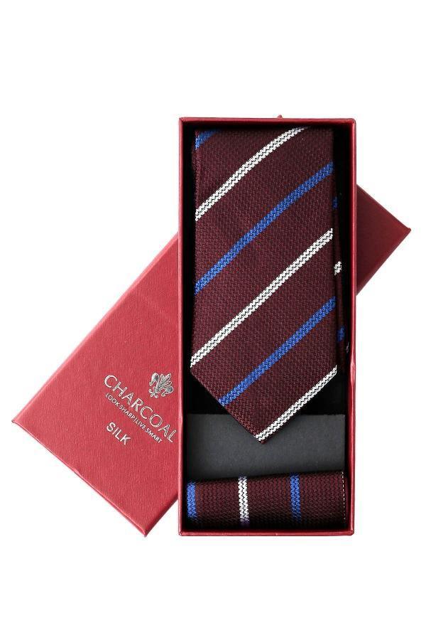 Silk tie and pocket square set in gift box, burgundy with blue and white stripes