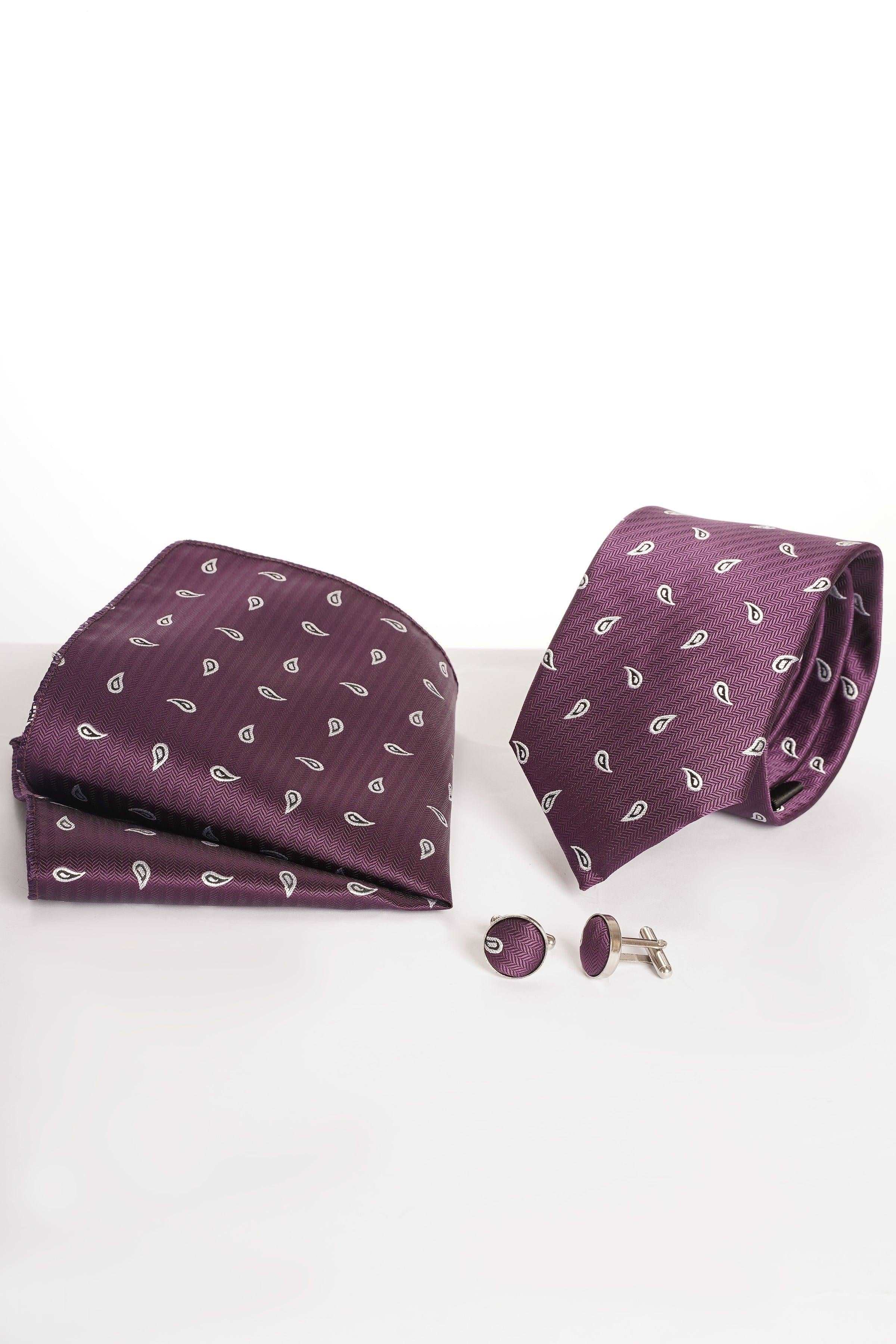 Purple patterned necktie and bow tie set with matching cufflinks
