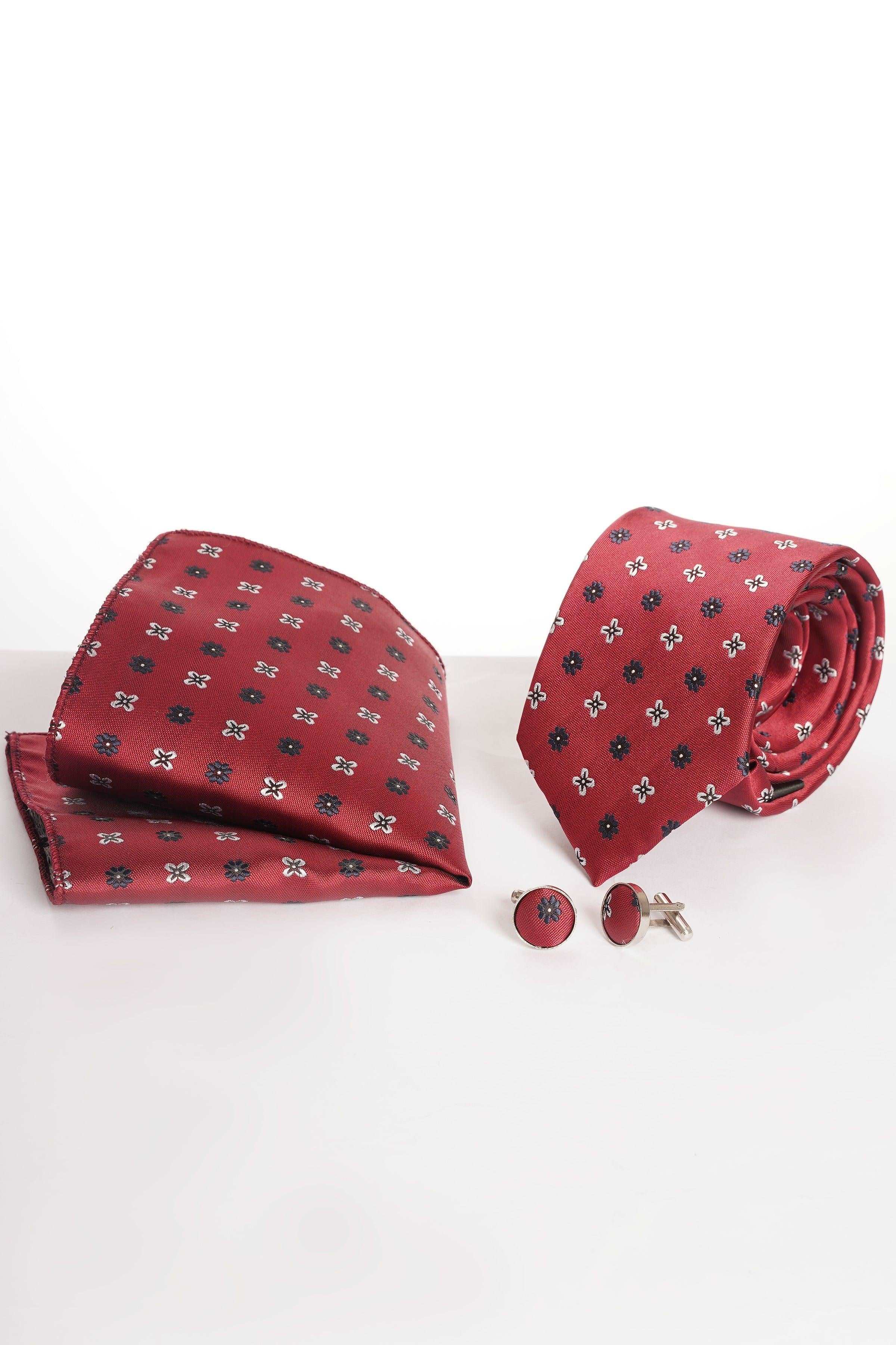 Burgundy patterned necktie and pocket square with cufflinks, gift set