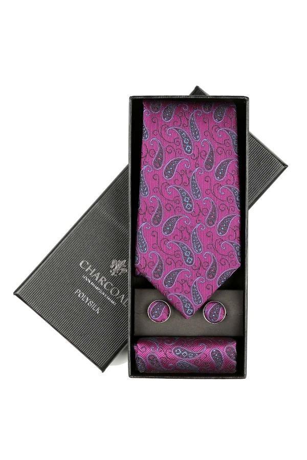 Purple paisley tie set with pocket square and cufflinks in gift box