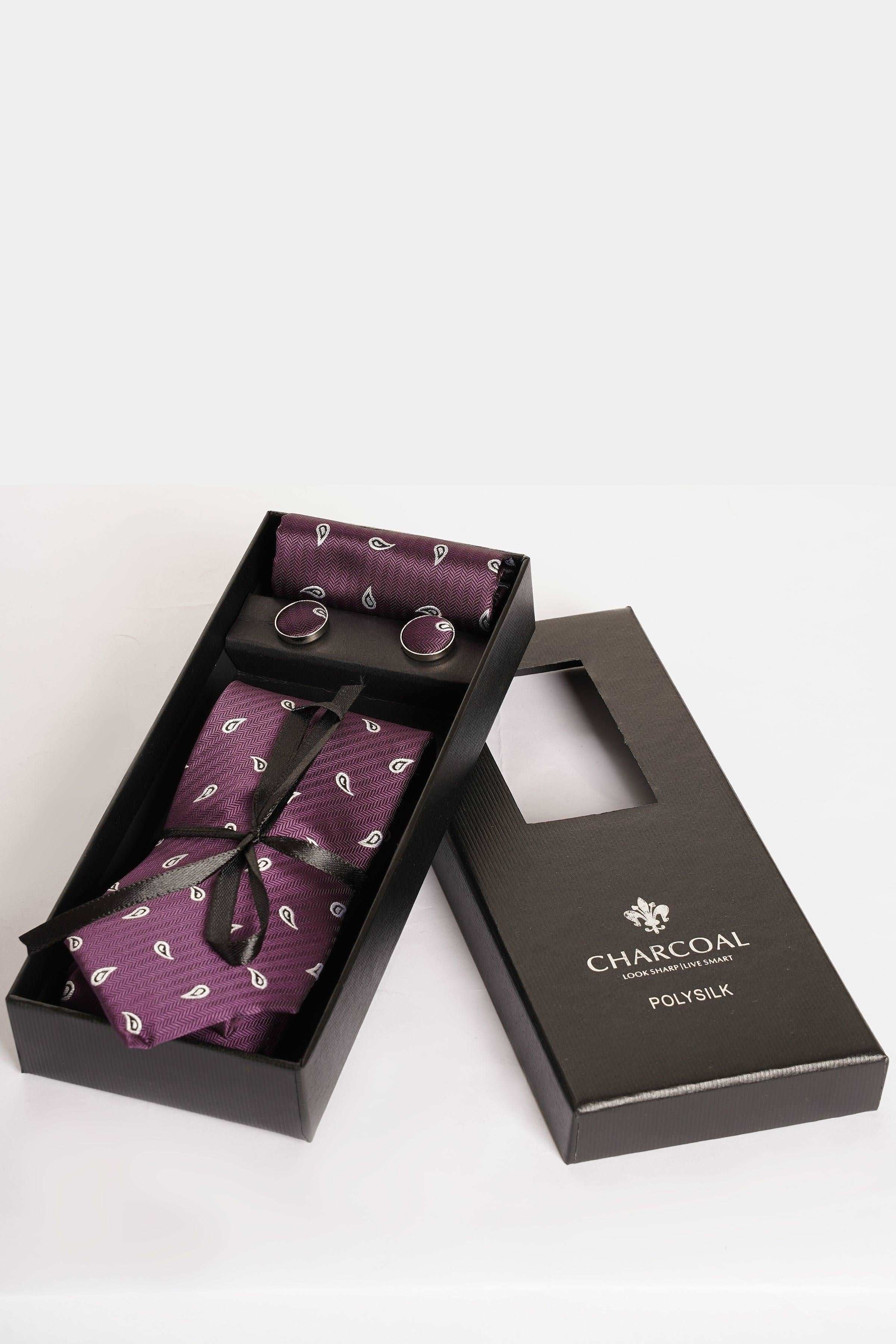 Box tie set with purple patterned necktie and bow tie in a gift box