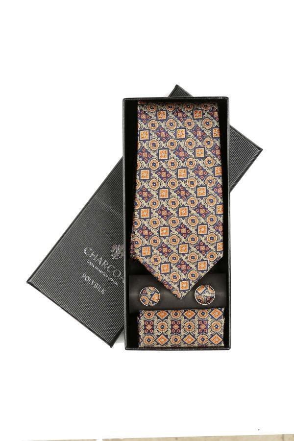 Geometric patterned necktie set with gift box and folded matching tie