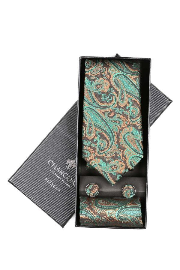 Paisley necktie with matching cufflinks set in gift box, teal and brown pattern