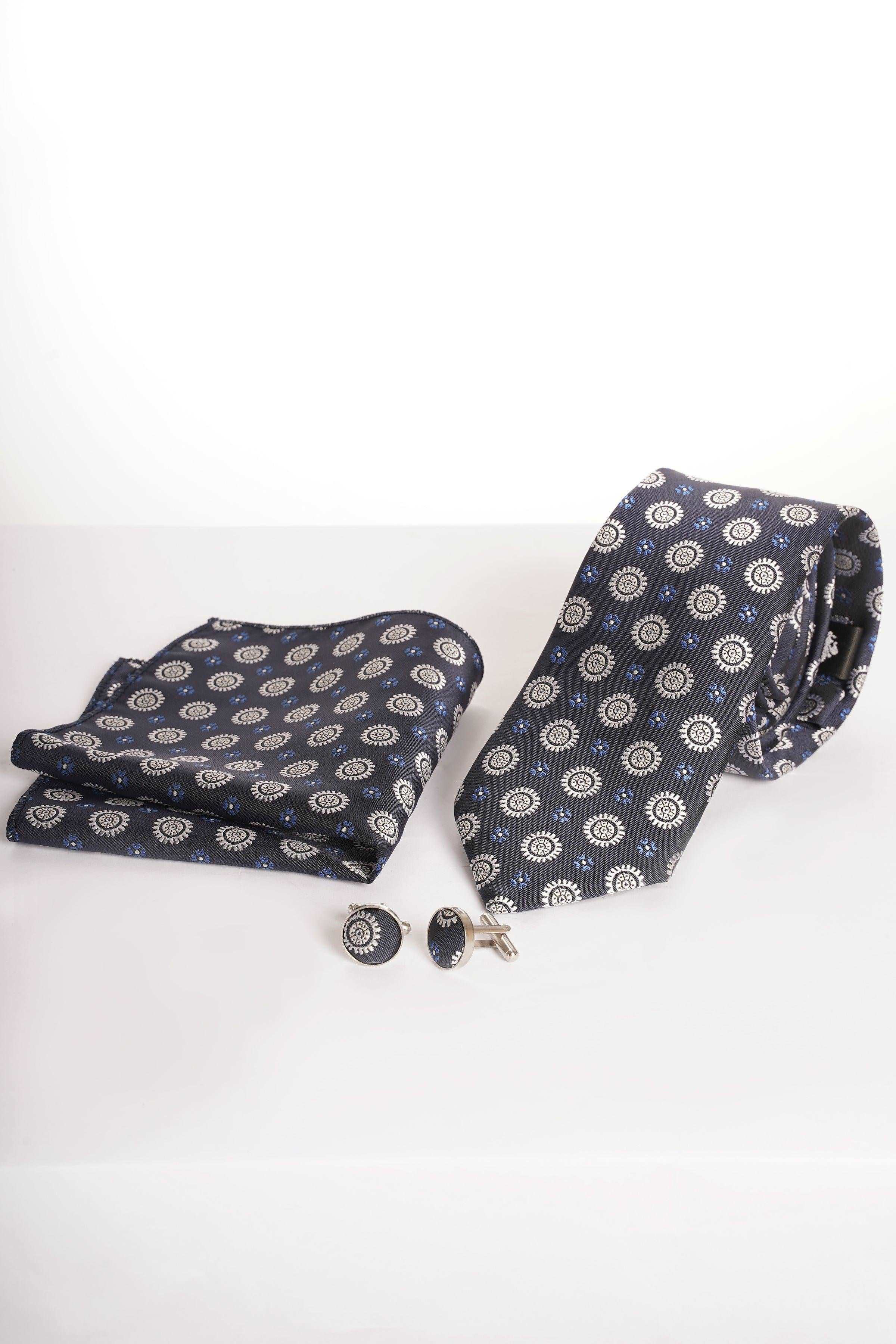 Patterned tie set with folded pocket square and silver-tone cufflinks