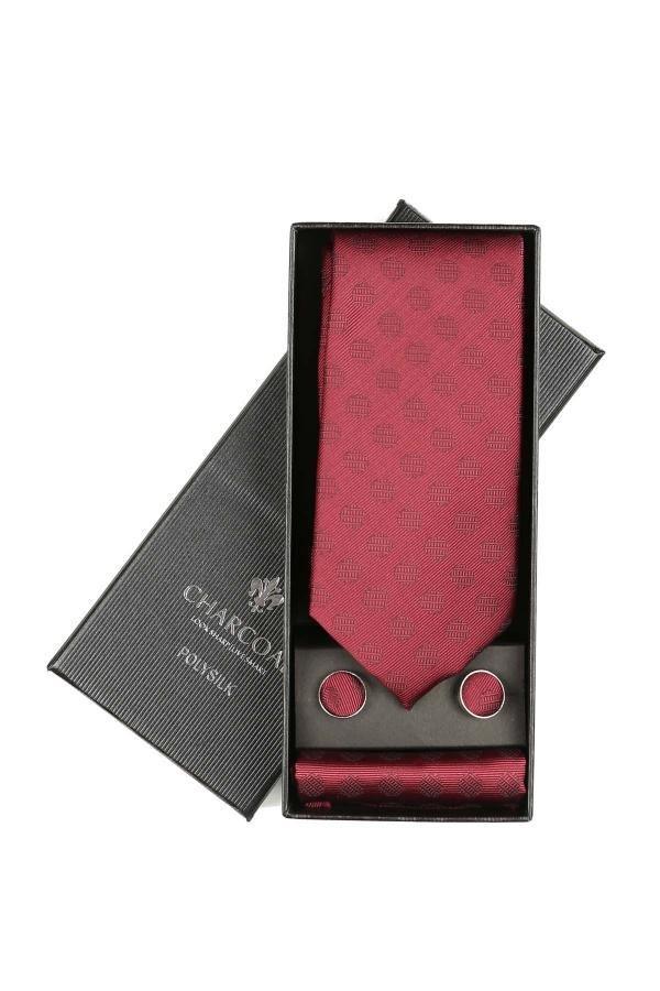 Necktie set in gift box with burgundy patterned necktie