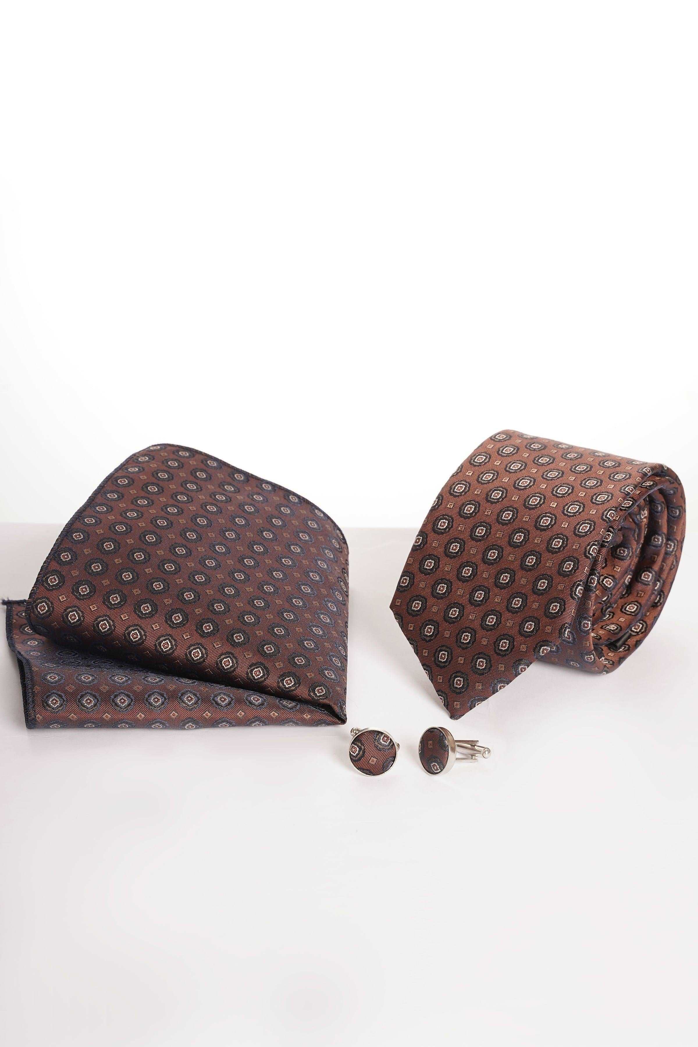 3-piece tie set with dark patterned tie, matching pocket square, and cufflinks