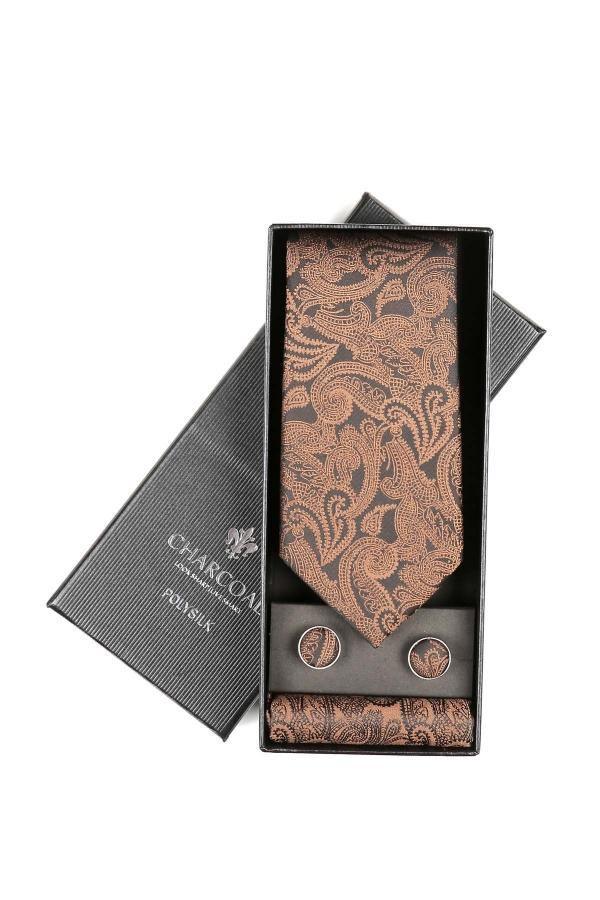 Gift box tie and cufflink set with paisley patterned brown tie