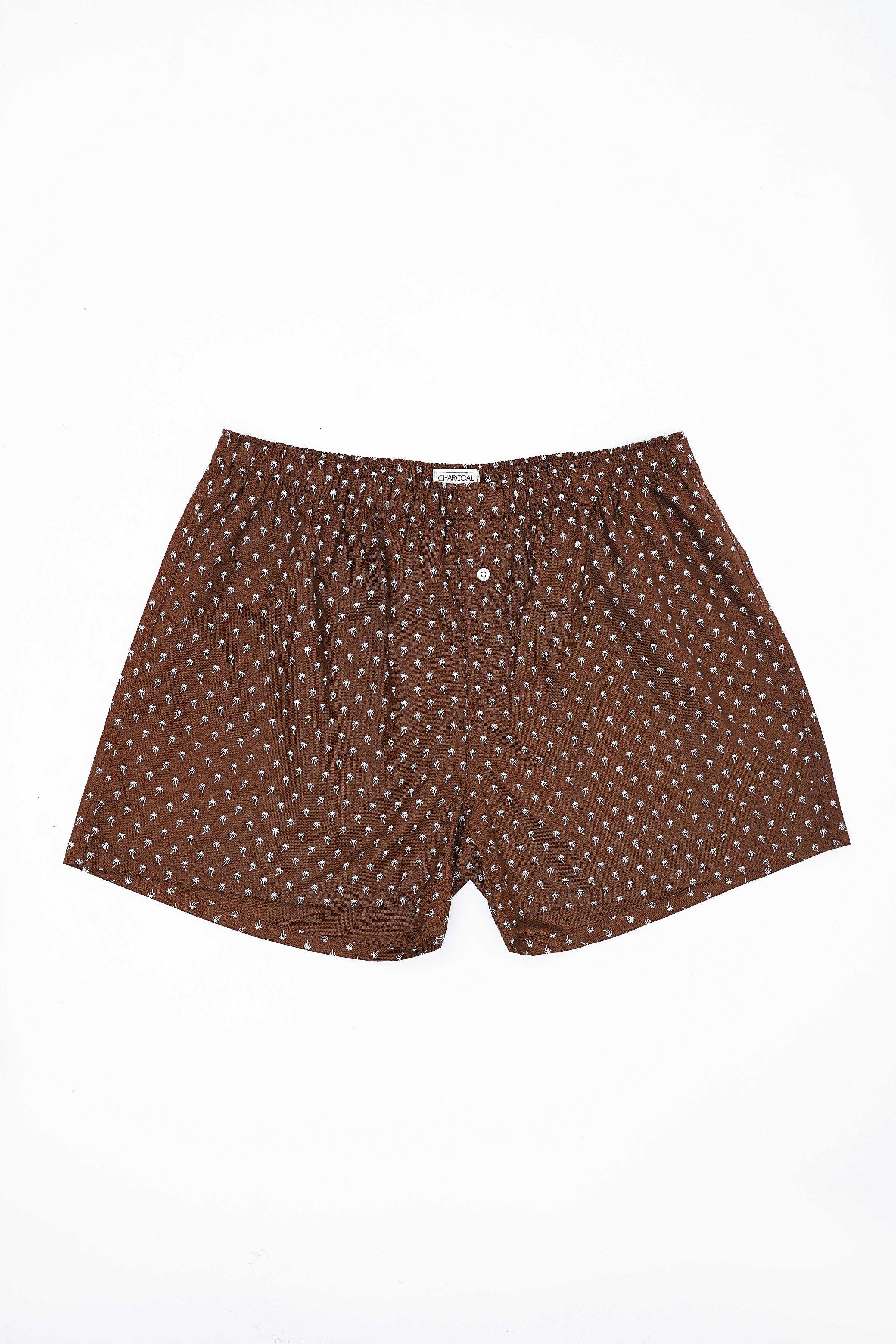 Printed boxer shorts, dark brown with small white pattern, elastic waistband