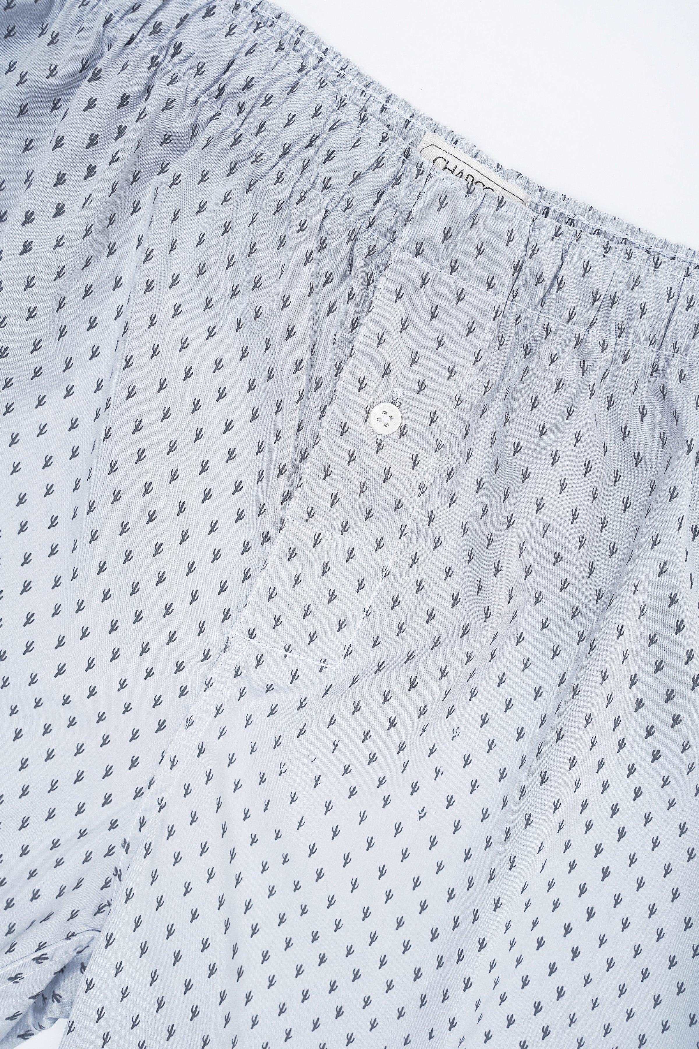 Printed boxer shorts close-up with button fly and allover small pattern
