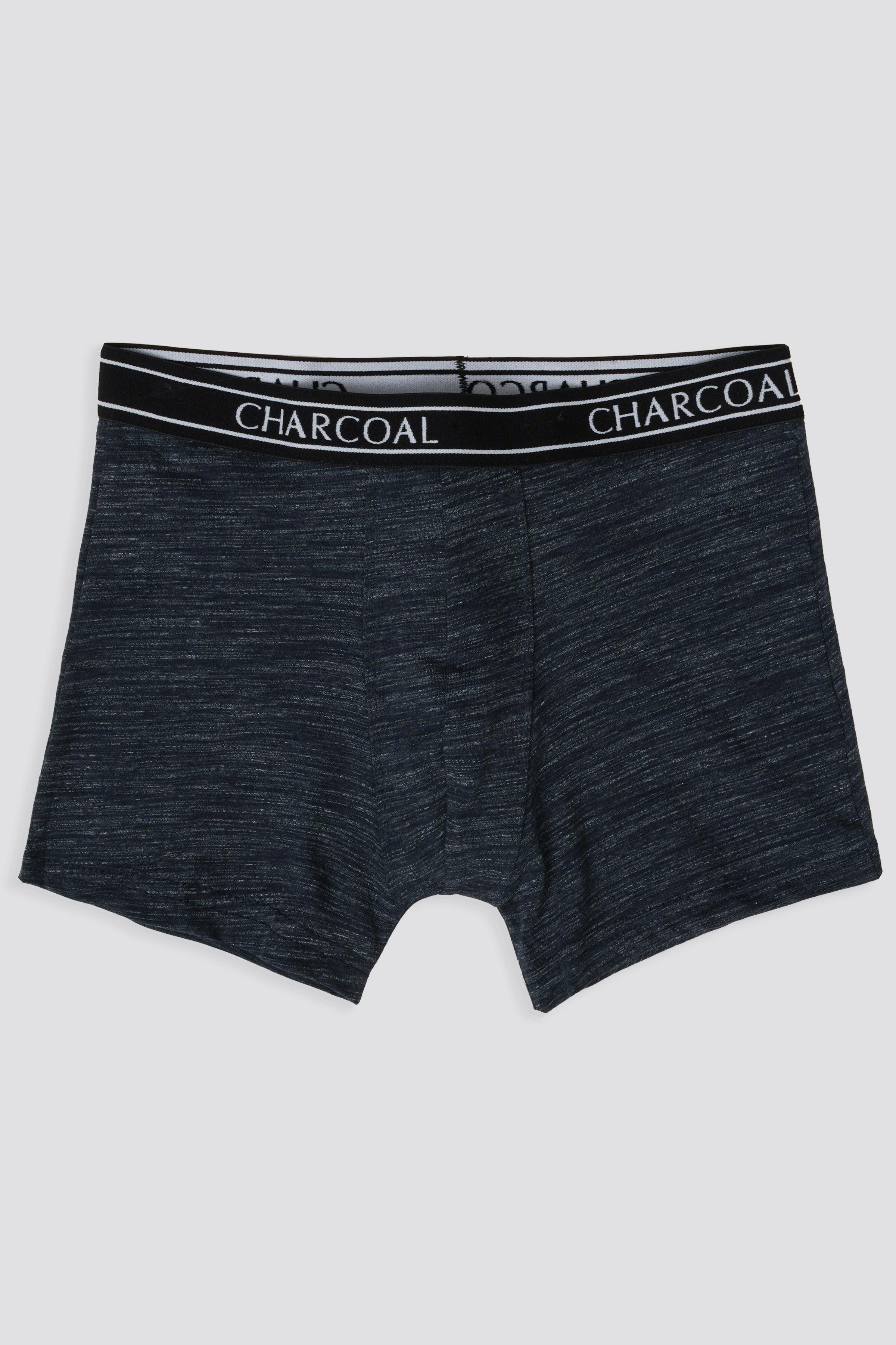 Men's knitted boxer shorts, dark blue knit with charcoal waistband and logo trim