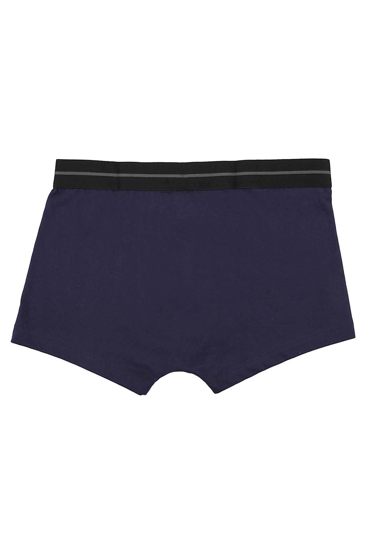 Navy blue plain boxer shorts, side view, dark elastic waistband.