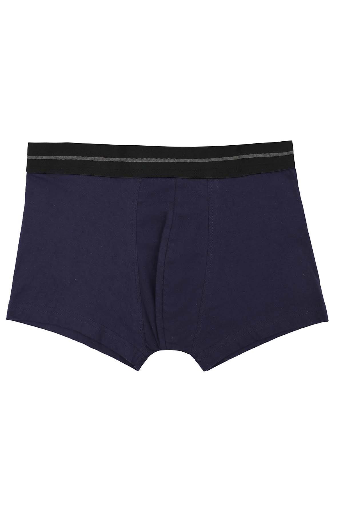 Navy blue plain boxer shorts with dark elastic waistband and front seam detail.