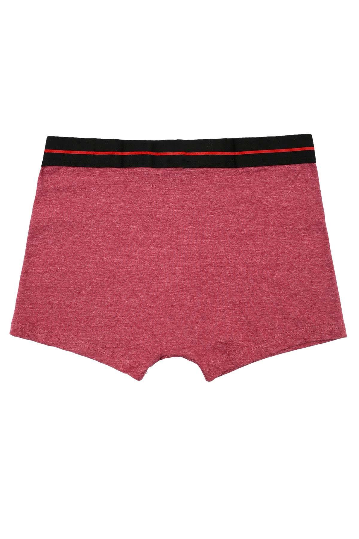 Men's plum boxer shorts with black waistband and red stripe, angled view.