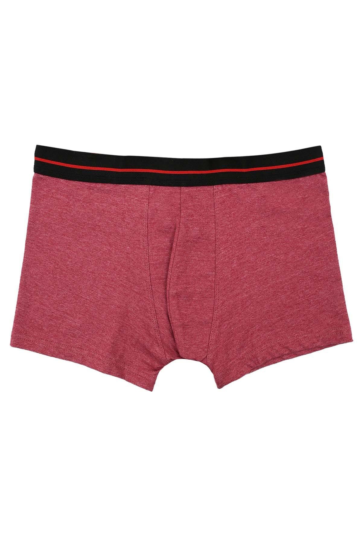Men's plum boxer shorts with black waistband and red stripe, front view.