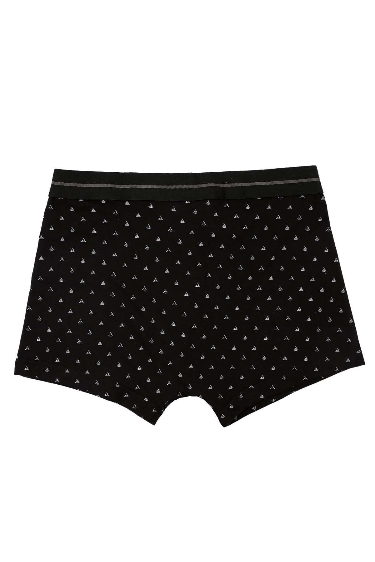 Black boxer shorts front view with sailboat pattern and ribbed waistband trim