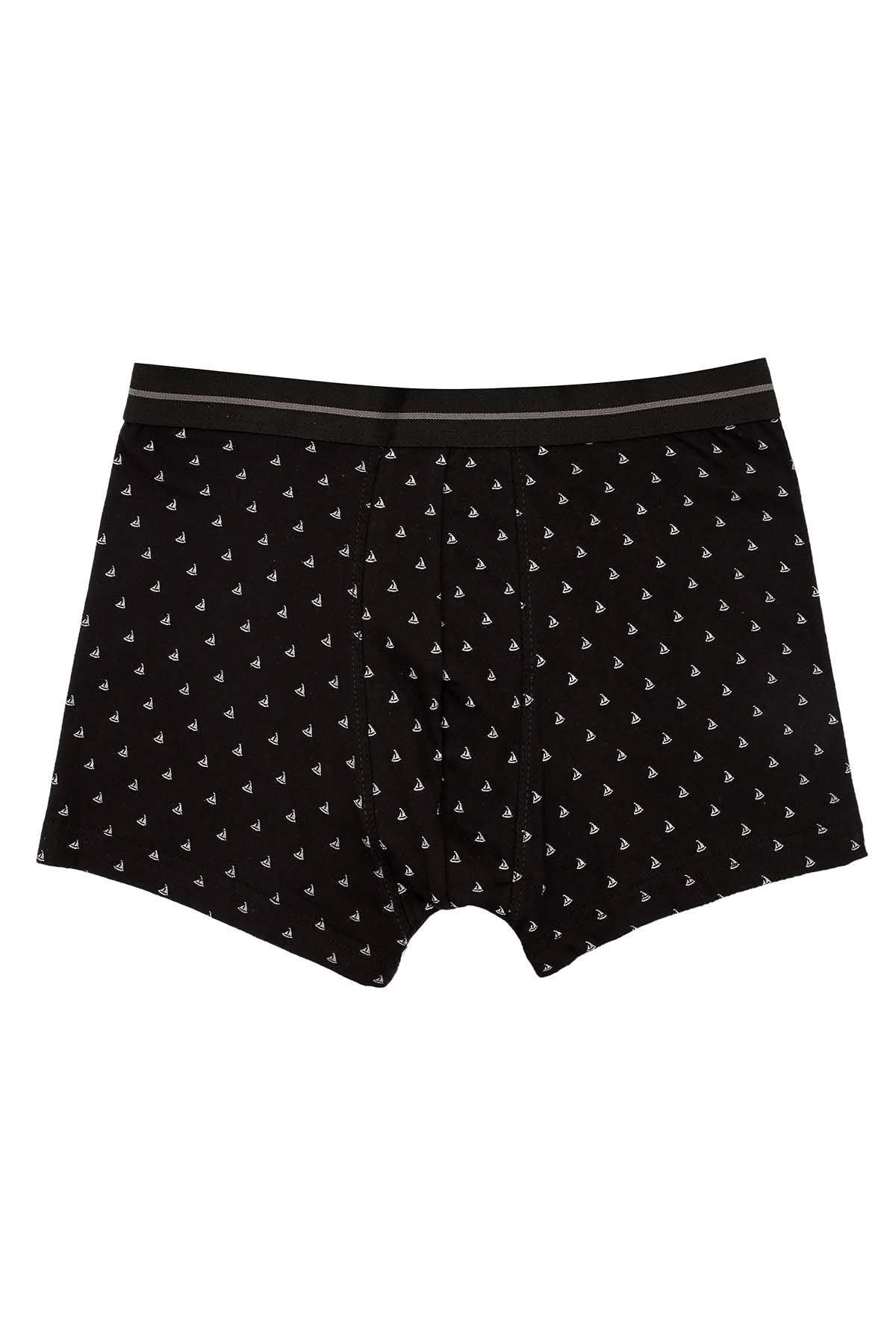 Black boxer shorts with all-over small sailboat print and wide elastic waistband