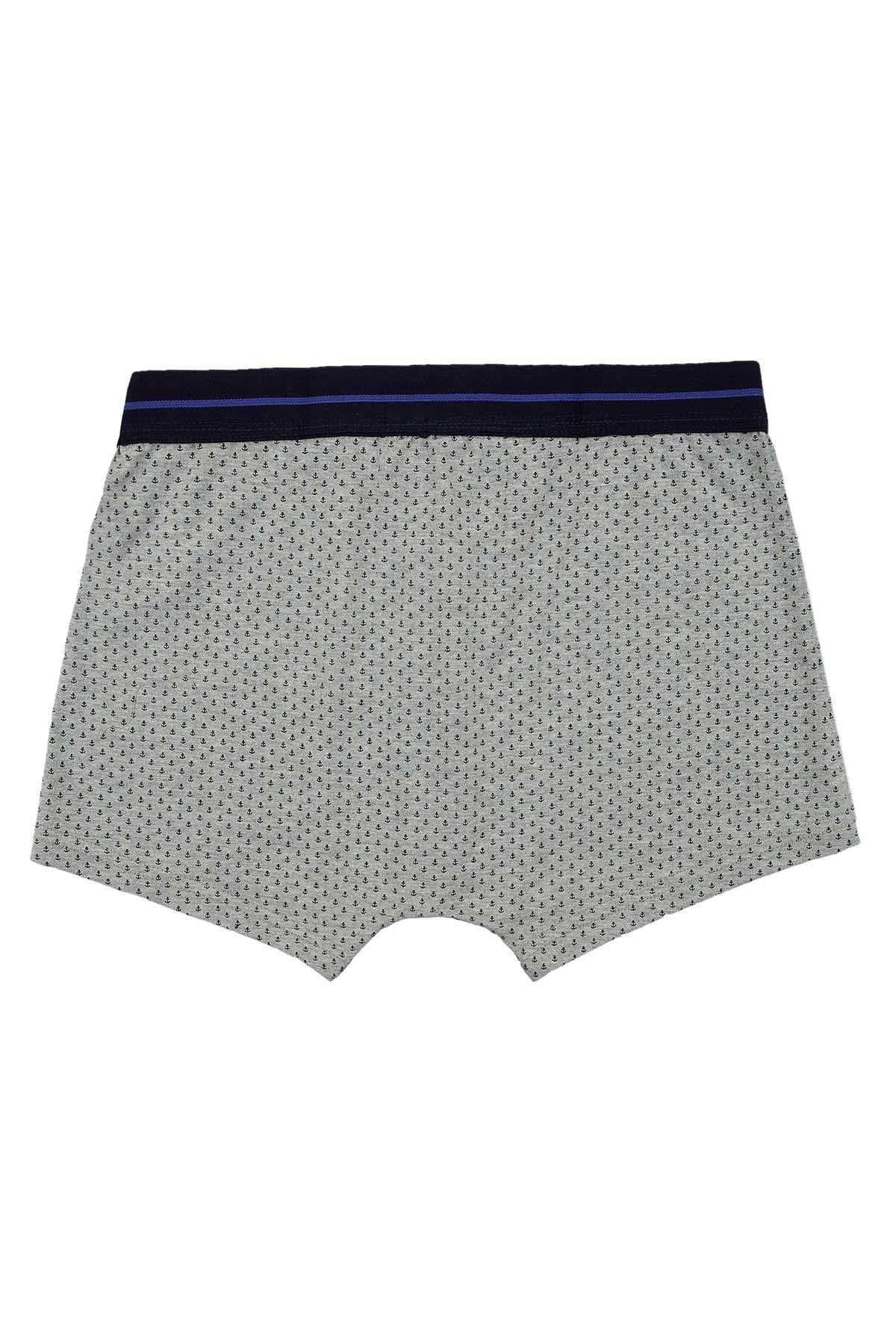 Grey boxer shorts with tiny anchor print and wide navy waistband hem