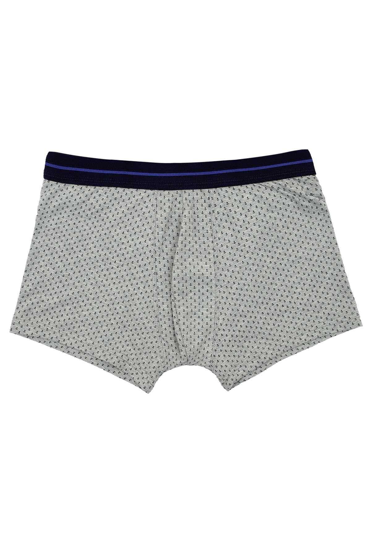 Grey patterned boxer shorts with navy elastic waistband and tiny anchor print