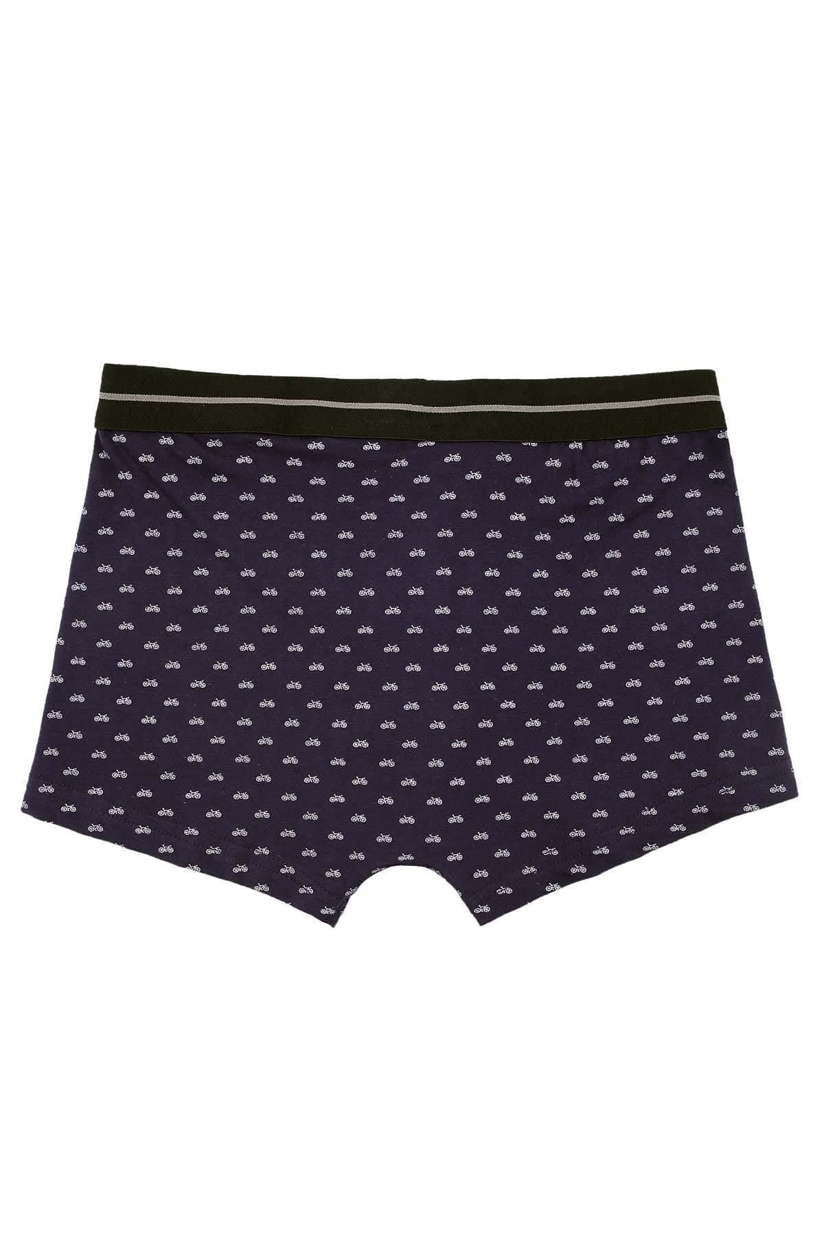 Men's navy boxer shorts with small print pattern and elastic waistband