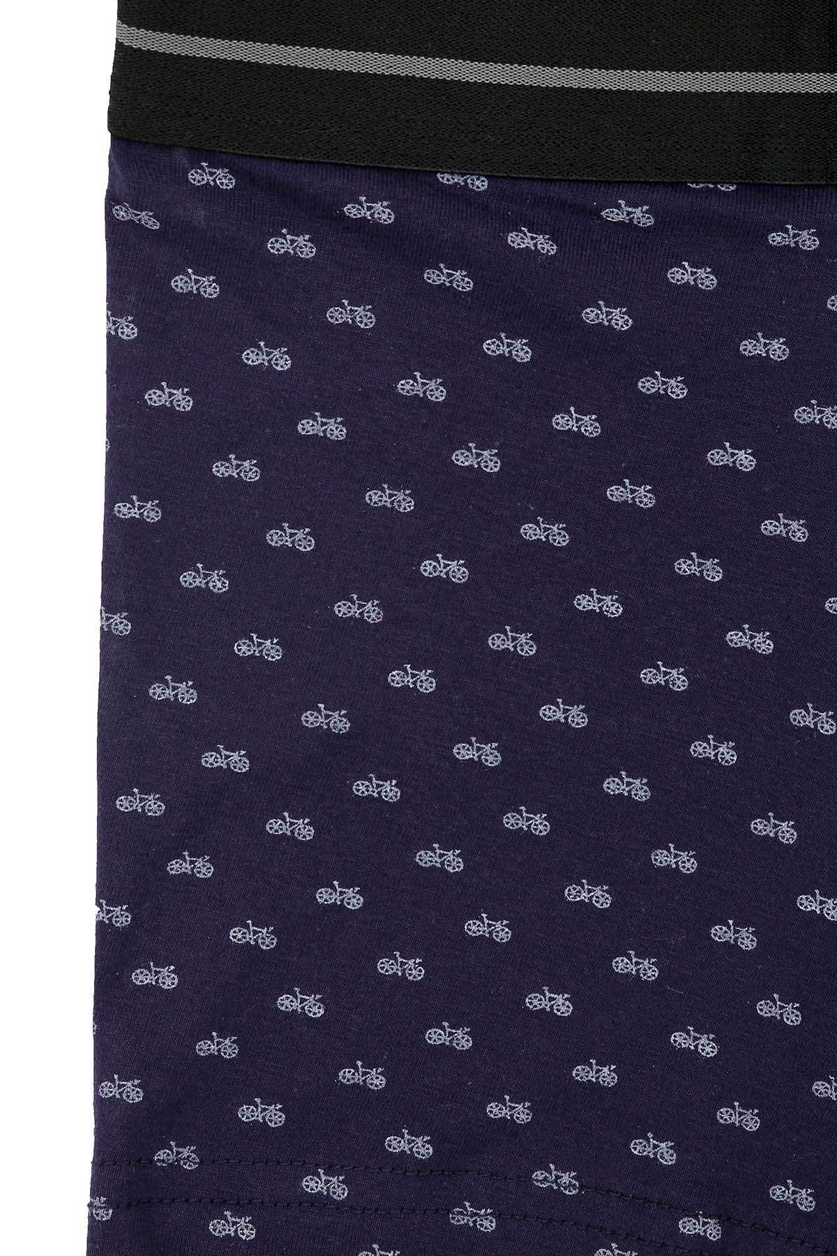 Navy boxer shorts fabric with small repeating icons and striped waistband