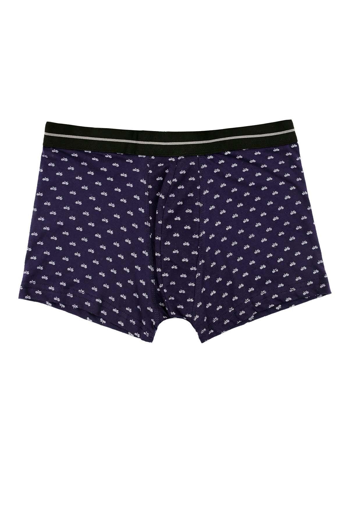 Men's navy boxer shorts with small print, elastic waistband and fly front