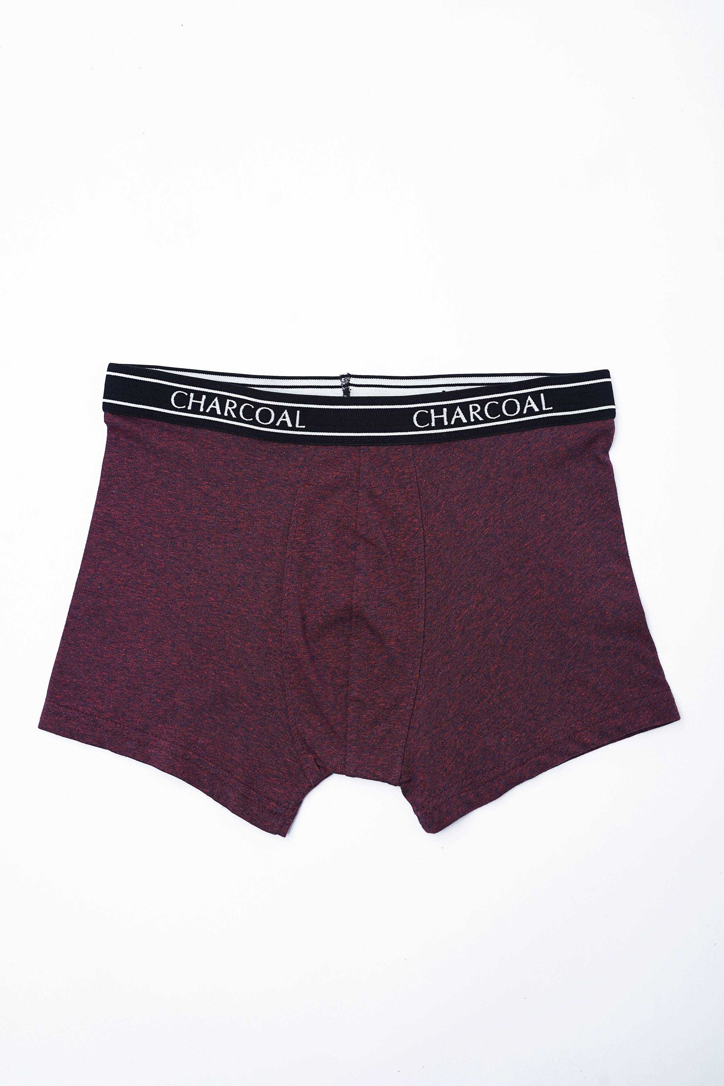 Maroon boxer shorts with charcoal logo waistband, stretch-cotton style.
