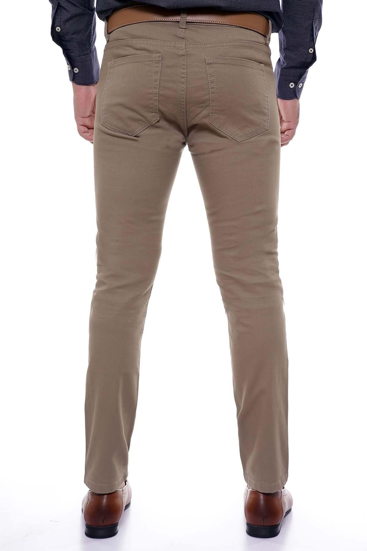 Khaki straight-fit pants, rear view with belt loops and back pockets