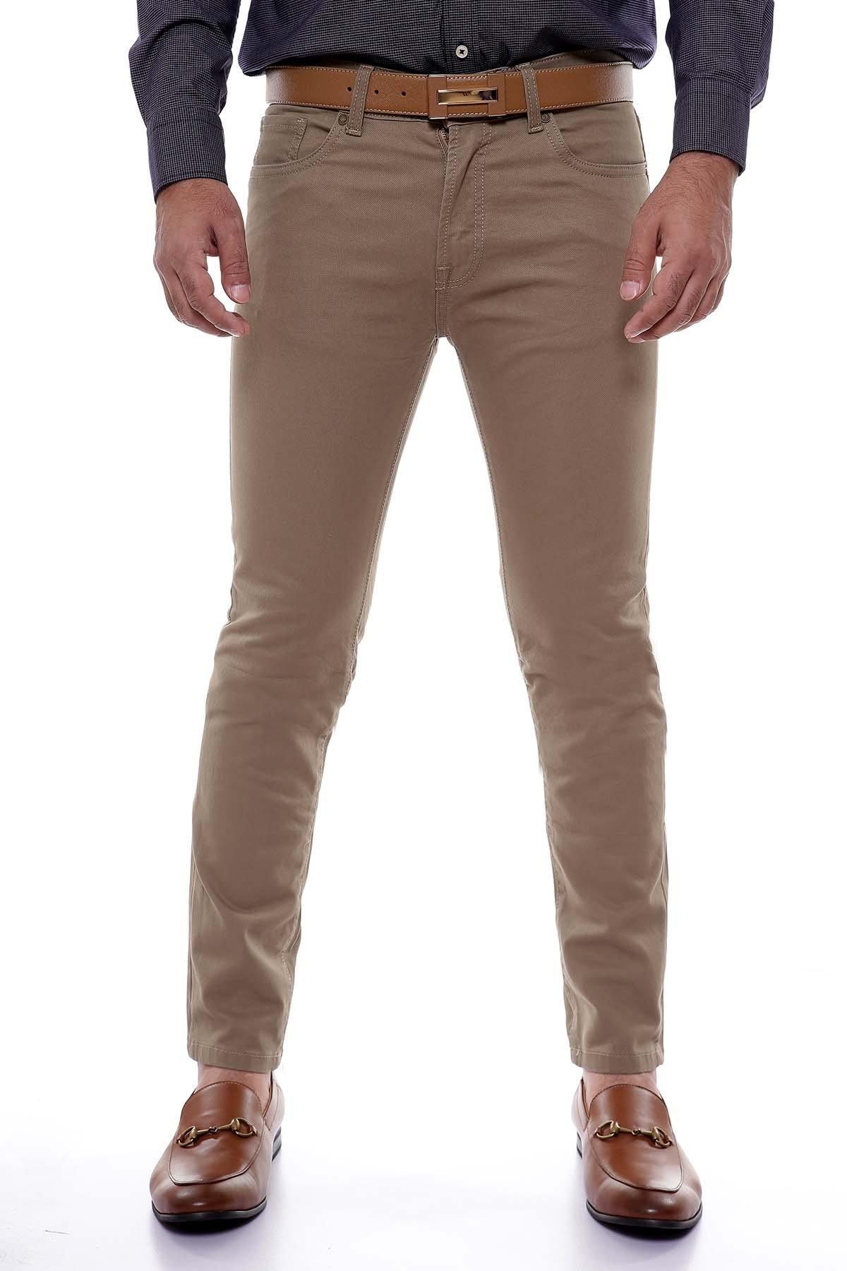 Khaki straight-fit pants with belt loops and front button closure