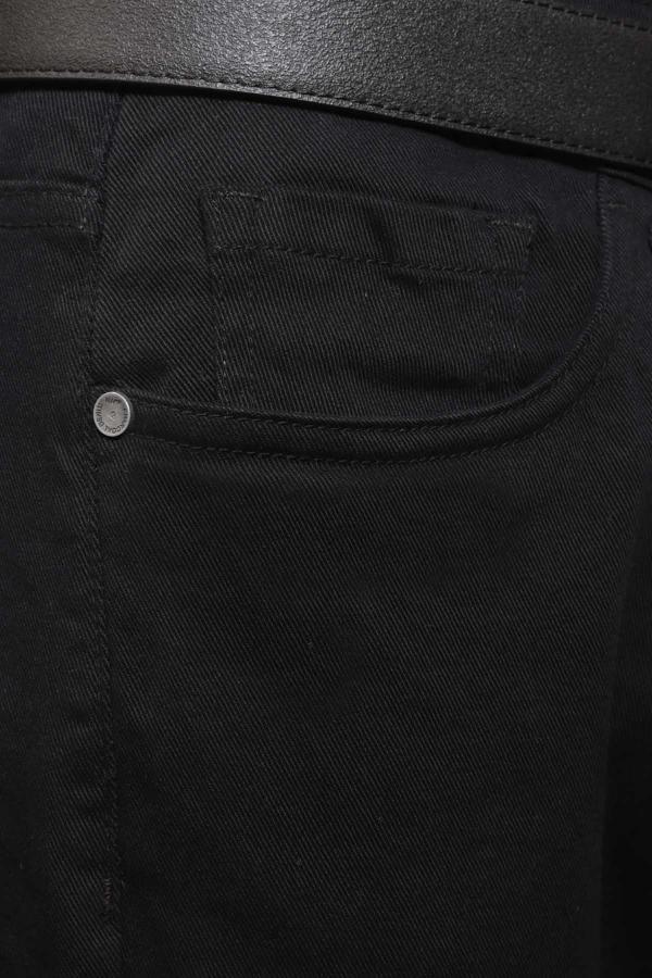 Black slim-fit pants coin pocket detail with metal button