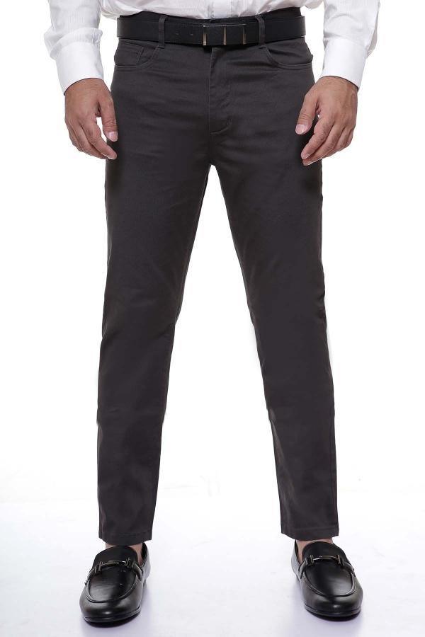 Dark grey slim-fit 5-pocket pants with belt loops and zip fly