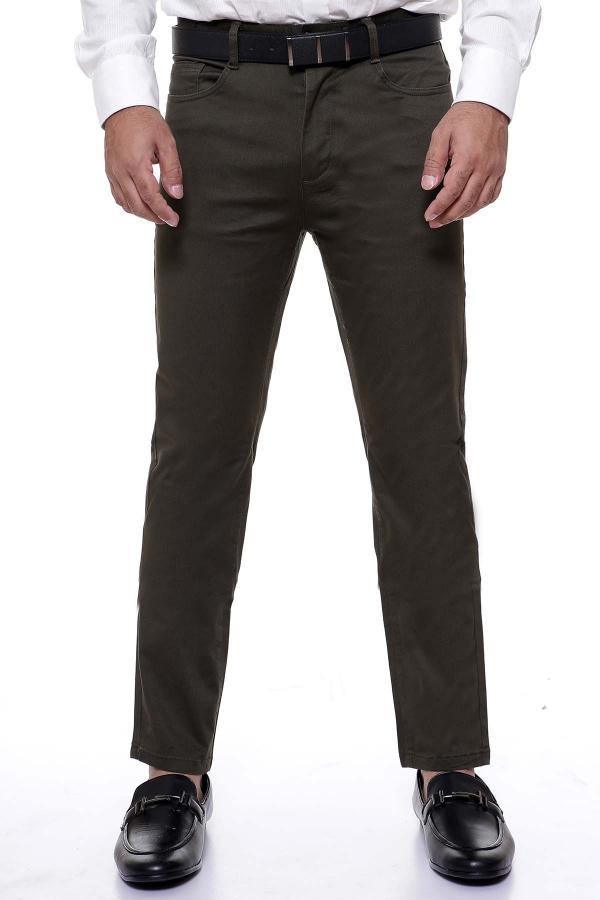 Slim-fit five-pocket pants in dark green with belt loops and button-zip fly