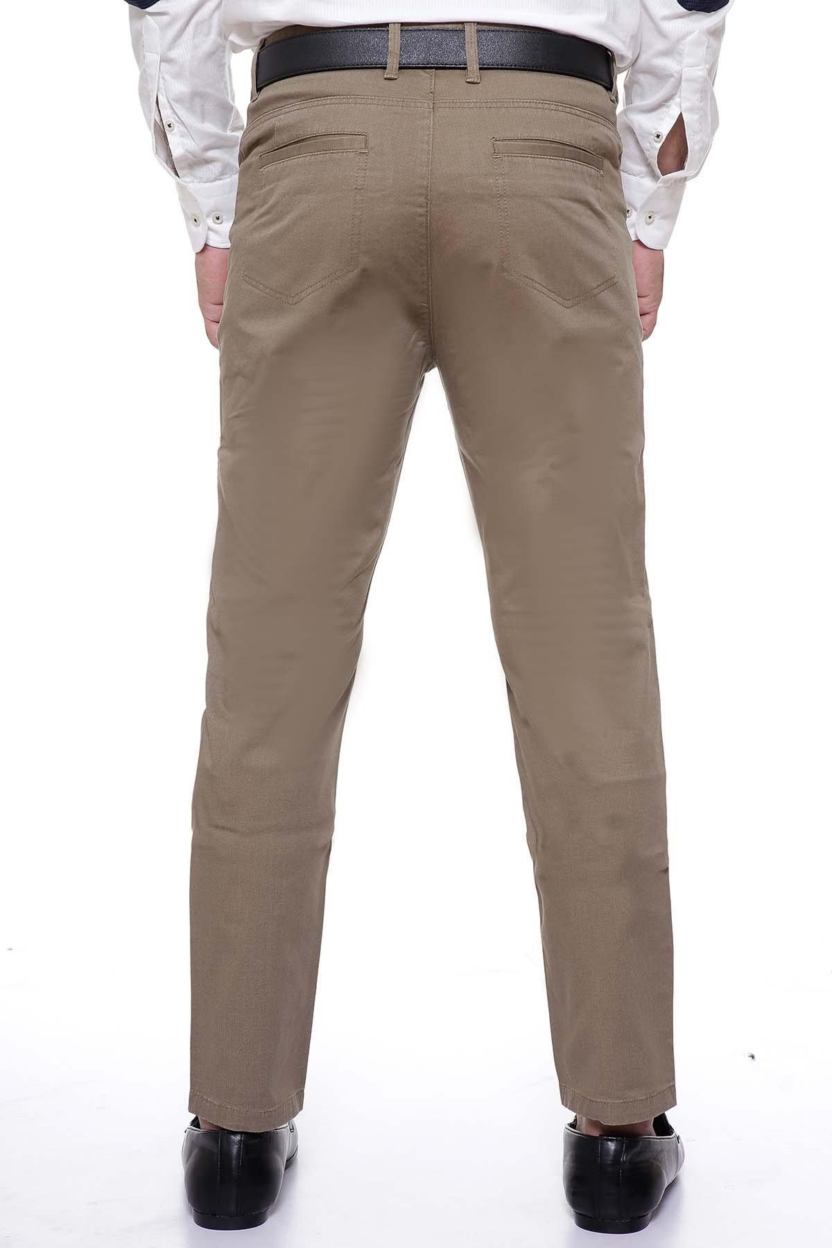 Light brown slim-fit 5-pocket pants, back view with waistband and belt loops