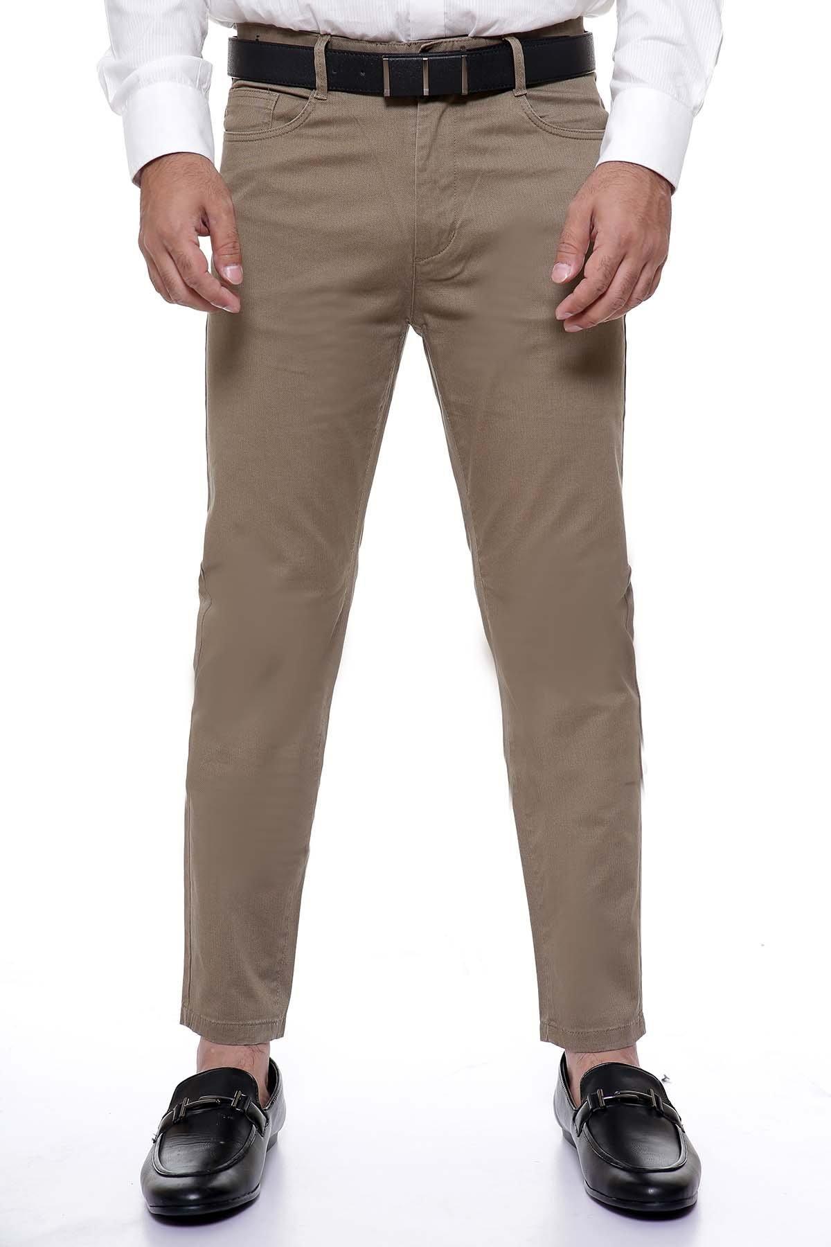Light brown slim-fit 5-pocket pants, belt loops and black button closure