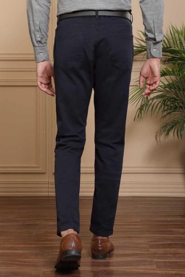 Navy slim-fit 5-pocket pants, back view with waistband and belt loops