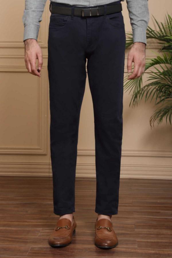 Navy slim-fit 5-pocket pants with belt loops and zip fly