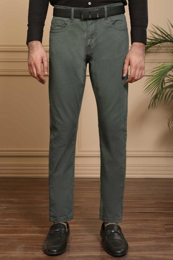 Olive slim-fit 5-pocket pants with belt loops and button closure