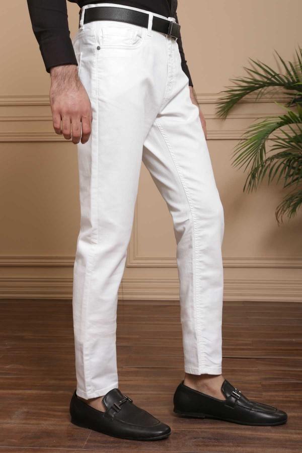Men's white 5-pocket pants, straight fit, belt loops and side seam