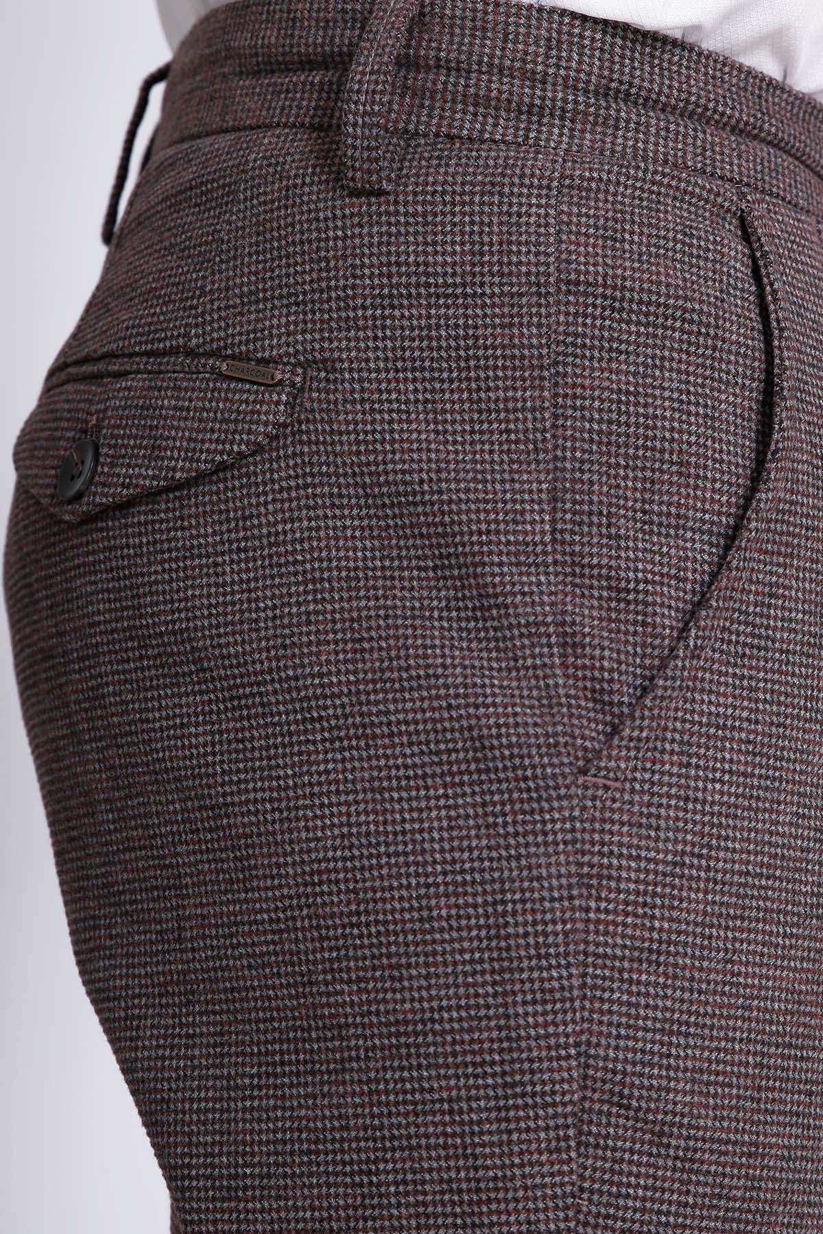 Slim-fit brown-black dress pants with textured check pattern and side pocket