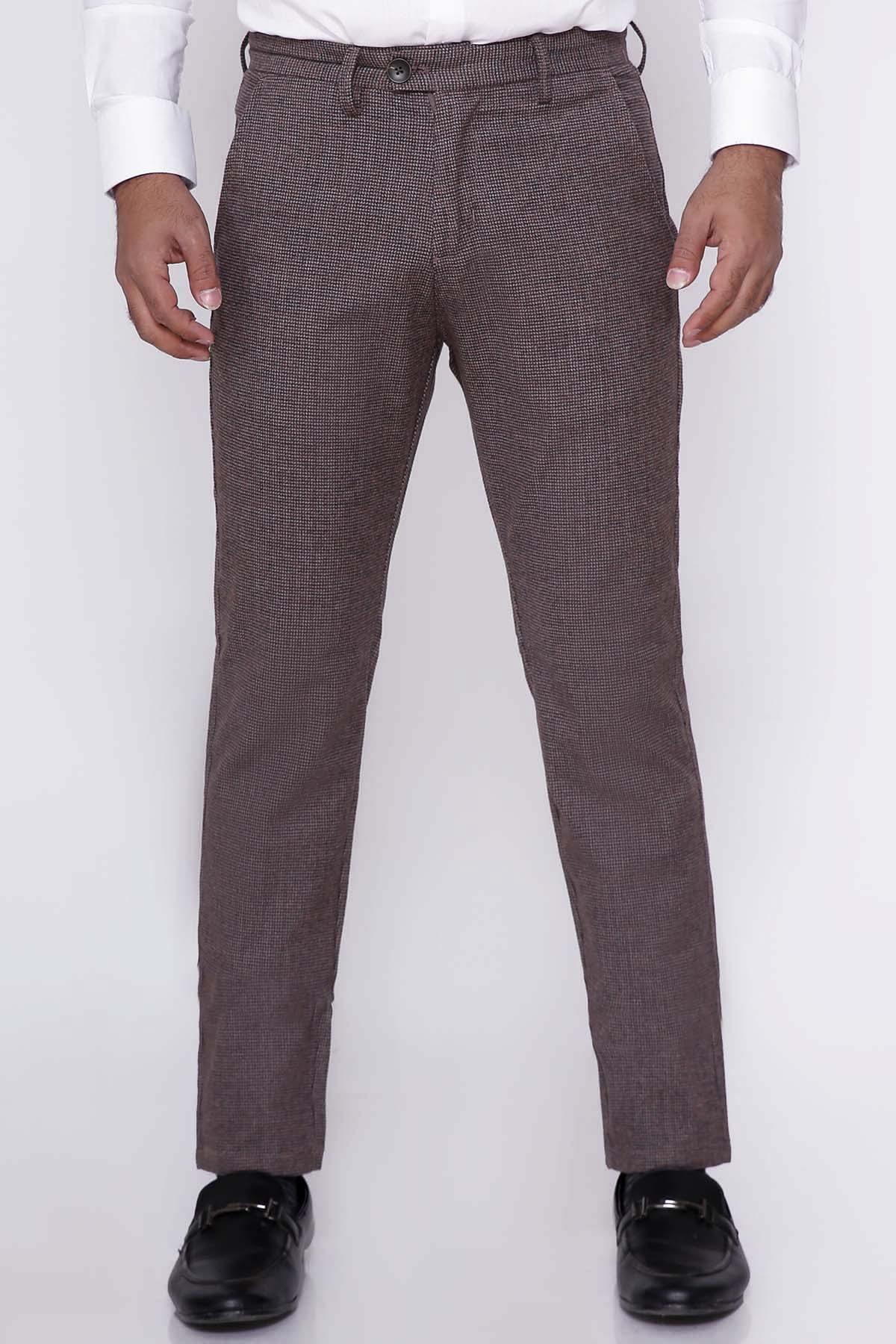Dark brown slim-fit trousers with front pockets and belt loops