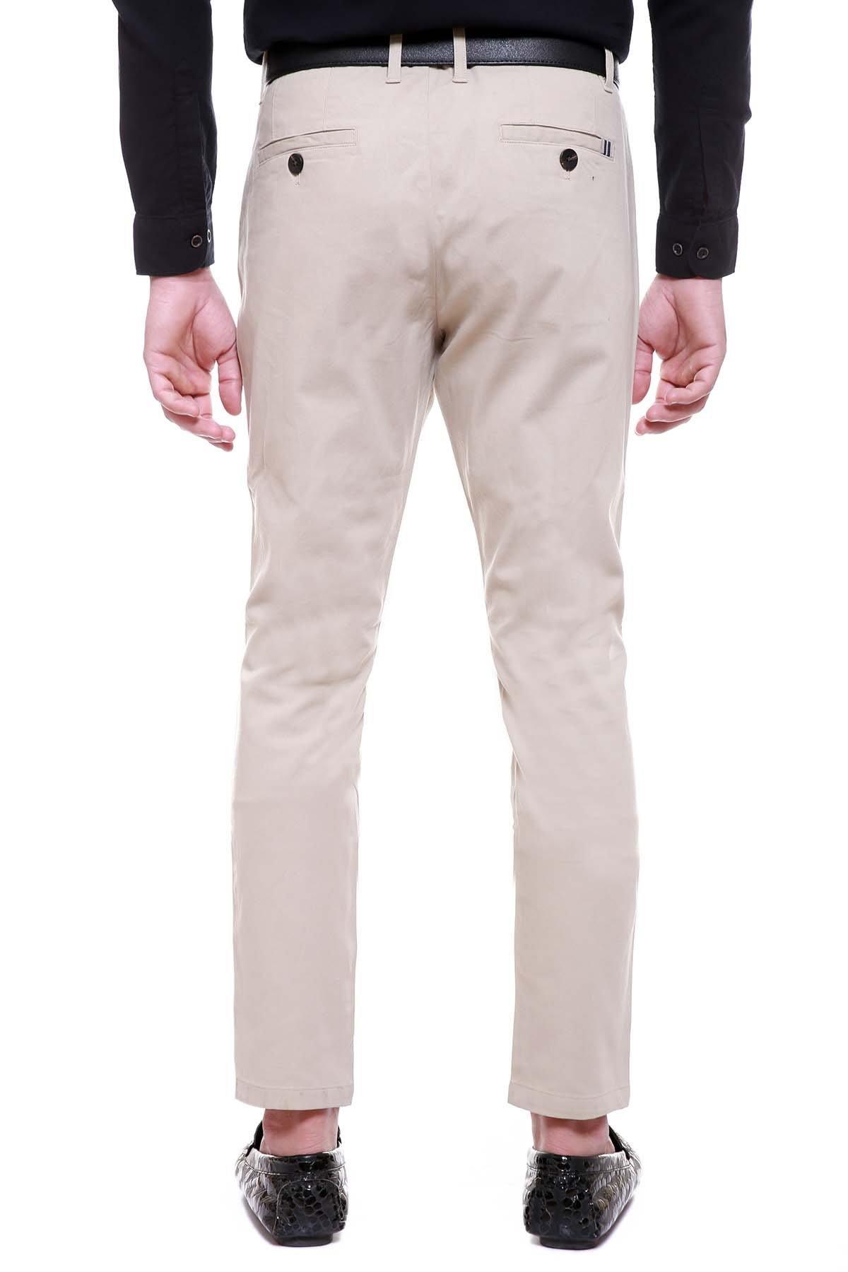Beige cross-pocket dress pants with button waistband and straight cuffs