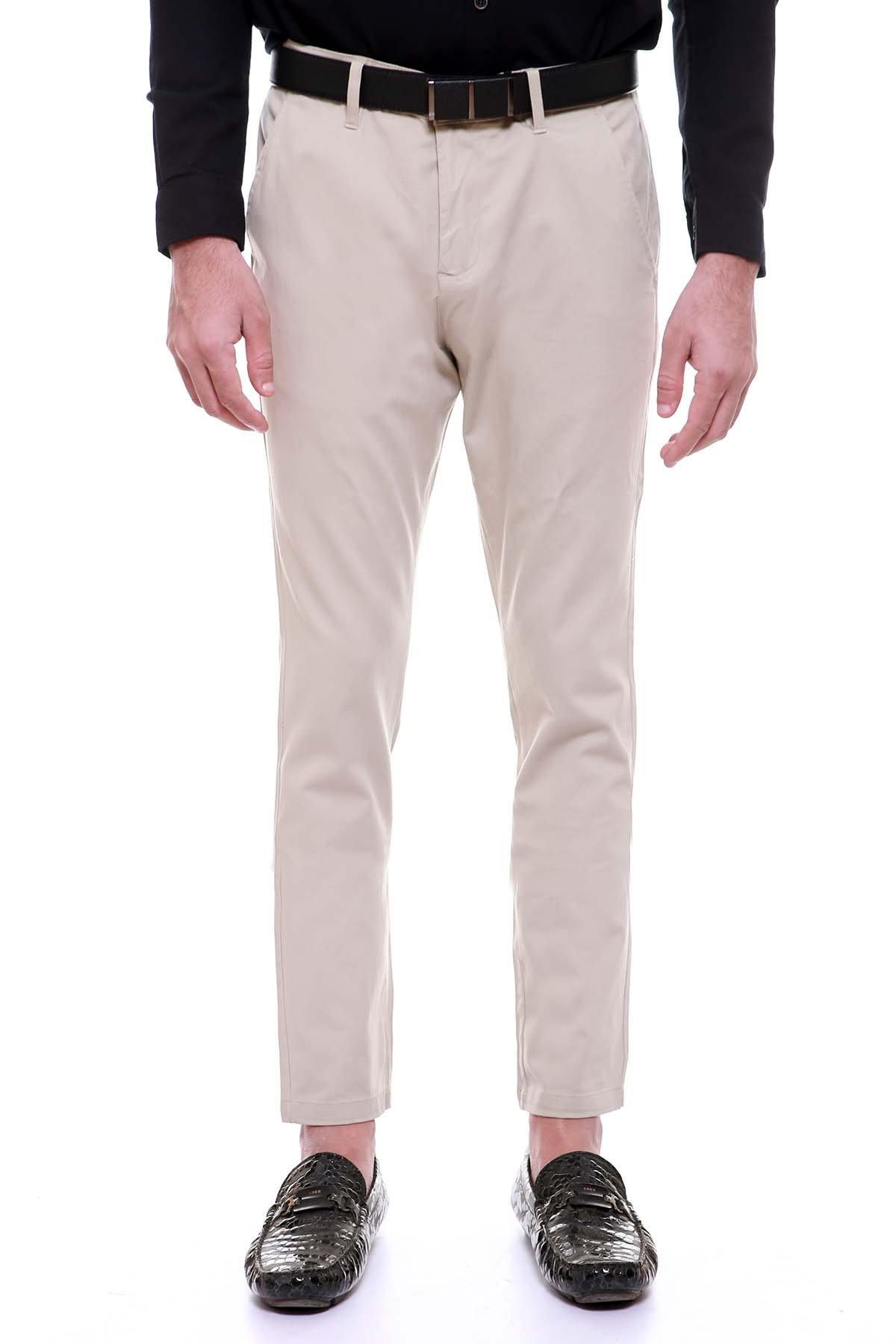 Beige cross-pocket dress pants, belt loops, zip fly, slim leg